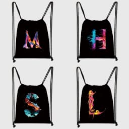 26 Initials Print Drawstring Bag Backpack Men and Women Beach Sports Travel Backpack Kid Gift Supplies Bag Portable Sundries Bag
