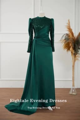 Eightale Arabic Evening Dress for Wedding Party Pink Muslim Prom Gowns Satin Sequined Long Sleeves Customized Dress abendkleid