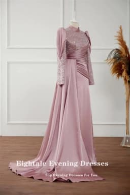 Eightale Arabic Evening Dress for Wedding Party Pink Muslim Prom Gowns Satin Sequined Long Sleeves Customized Dress abendkleid