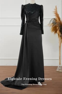 Eightale Arabic Evening Dress for Wedding Party Pink Muslim Prom Gowns Satin Sequined Long Sleeves Customized Dress abendkleid