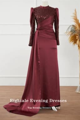 Eightale Arabic Evening Dress for Wedding Party Pink Muslim Prom Gowns Satin Sequined Long Sleeves Customized Dress abendkleid