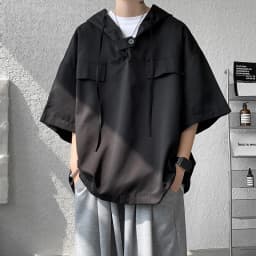 2026 Summer Men Hooded Shirt Korean Half Sleeve Pullover Streetwear Hip Hop Loose Shirt Tops Drawstring Men Clothing M-5XL