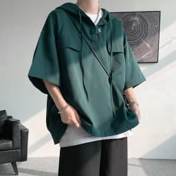 2026 Summer Men Hooded Shirt Korean Half Sleeve Pullover Streetwear Hip Hop Loose Shirt Tops Drawstring Men Clothing M-5XL