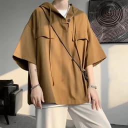 2026 Summer Men Hooded Shirt Korean Half Sleeve Pullover Streetwear Hip Hop Loose Shirt Tops Drawstring Men Clothing M-5XL