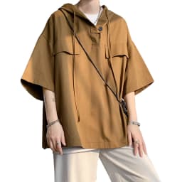 2026 Summer Men Hooded Shirt Korean Half Sleeve Pullover Streetwear Hip Hop Loose Shirt Tops Drawstring Men Clothing M-5XL