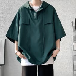 2026 Summer Men Hooded Shirt Korean Half Sleeve Pullover Streetwear Hip Hop Loose Shirt Tops Drawstring Men Clothing M-5XL