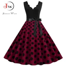 Women Retro Summer Dresses 50s 60s Sleeveless V-neck Polka Dot Bow Ball Grown Party Sundress Robe Vestidos