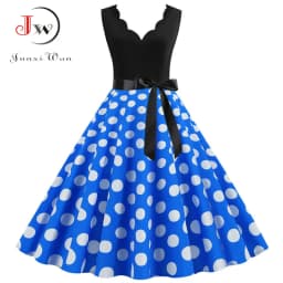 Women Retro Summer Dresses 50s 60s Sleeveless V-neck Polka Dot Bow Ball Grown Party Sundress Robe Vestidos