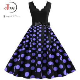 Women Retro Summer Dresses 50s 60s Sleeveless V-neck Polka Dot Bow Ball Grown Party Sundress Robe Vestidos