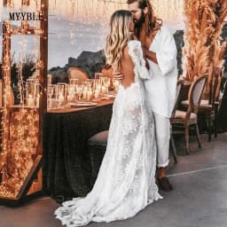 Customized Bohemian Wedding Dresses Lace V-Neck Wedding Gown Boho Beach Bridal Dress Long Sleeves Open Back Vestido Novia