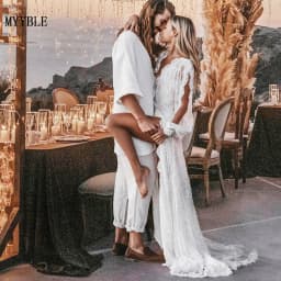 Customized Bohemian Wedding Dresses Lace V-Neck Wedding Gown Boho Beach Bridal Dress Long Sleeves Open Back Vestido Novia