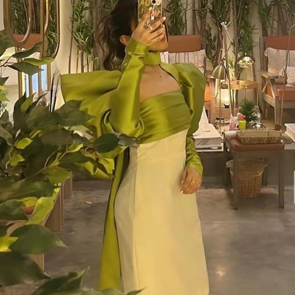 Chic Short Evening Dress High Neck Puff Long Sleeves with Pleat Sexy Open Back Sheath Knee Length Women Party Gowns for Wedding
