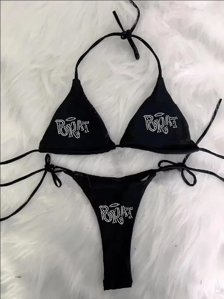 2000s Woman Punk New Beach Swimwear gothic clothes BRAT Rhinestone printing Grunge Swimsuit Bikini Y2K Bathing Suits Lace Up ﻿