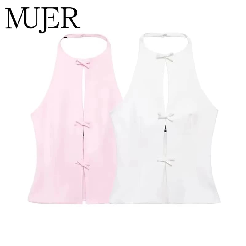 MUJER 2025 Off Shoulder Halter Top Female Pink White Crop Top Women Bow Cut Out Sleeveless Backless Top Woman Sexy Summer Tops