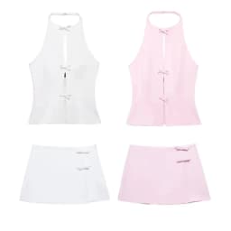 MUJER 2025 Off Shoulder Halter Top Female Pink White Crop Top Women Bow Cut Out Sleeveless Backless Top Woman Sexy Summer Tops