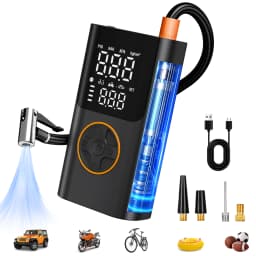 Portable Air Pump Set with Power Bank, 150PSI Tire Inflator Kit for Car SUV Motorcycle Bike, LED Light & Storage Bag for Camping