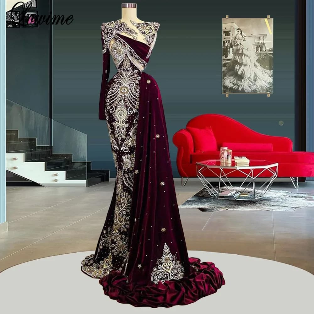 Luxury Burgundy Muslim Evening Dresses With Beads Arabic One Shoulder Celebrity Dresses Evening Wear Vestido Festa Luxo Coutures