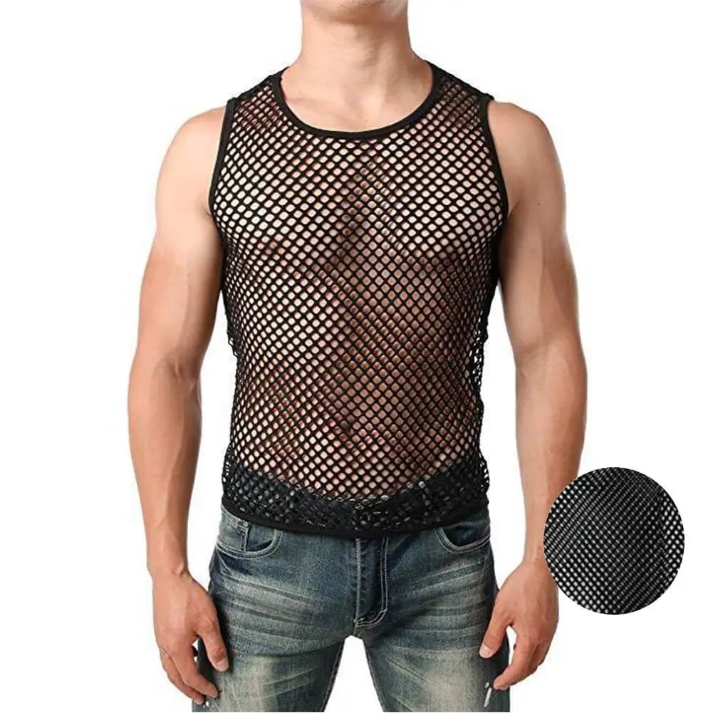 Mens Sexy Tank Top Transparent Mesh Undershirt Fishnet Vest String Sleeveless Shirts Male See Through Night Clubwear Slim Sport