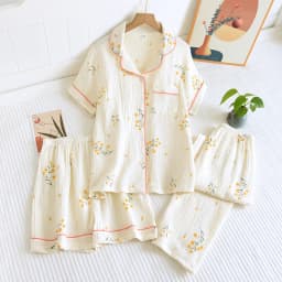 New Summer Women's Cotton Crepe Three-piece Short Sleeve + Shorts + Trousers Large Size Simple Flower Pajamas Home Service Suit