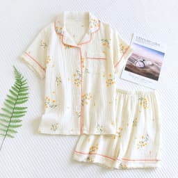 New Summer Women's Cotton Crepe Three-piece Short Sleeve + Shorts + Trousers Large Size Simple Flower Pajamas Home Service Suit