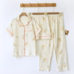 New Summer Women's Cotton Crepe Three-piece Short Sleeve + Shorts + Trousers Large Size Simple Flower Pajamas Home Service Suit