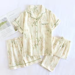 New Summer Women's Cotton Crepe Three-piece Short Sleeve + Shorts + Trousers Large Size Simple Flower Pajamas Home Service Suit