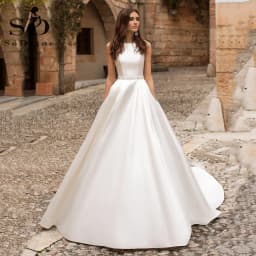 SoDigne Satin Princess Wedding Dresses Scoop Neck Pockets Bride Dresses Buttons Country Elegant Wedding Gowns Customized