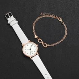 2PCS/Set Women's Watch Fashion Arabic Dial Leather Band Quartz Watches Gold Heart Bracelet Set