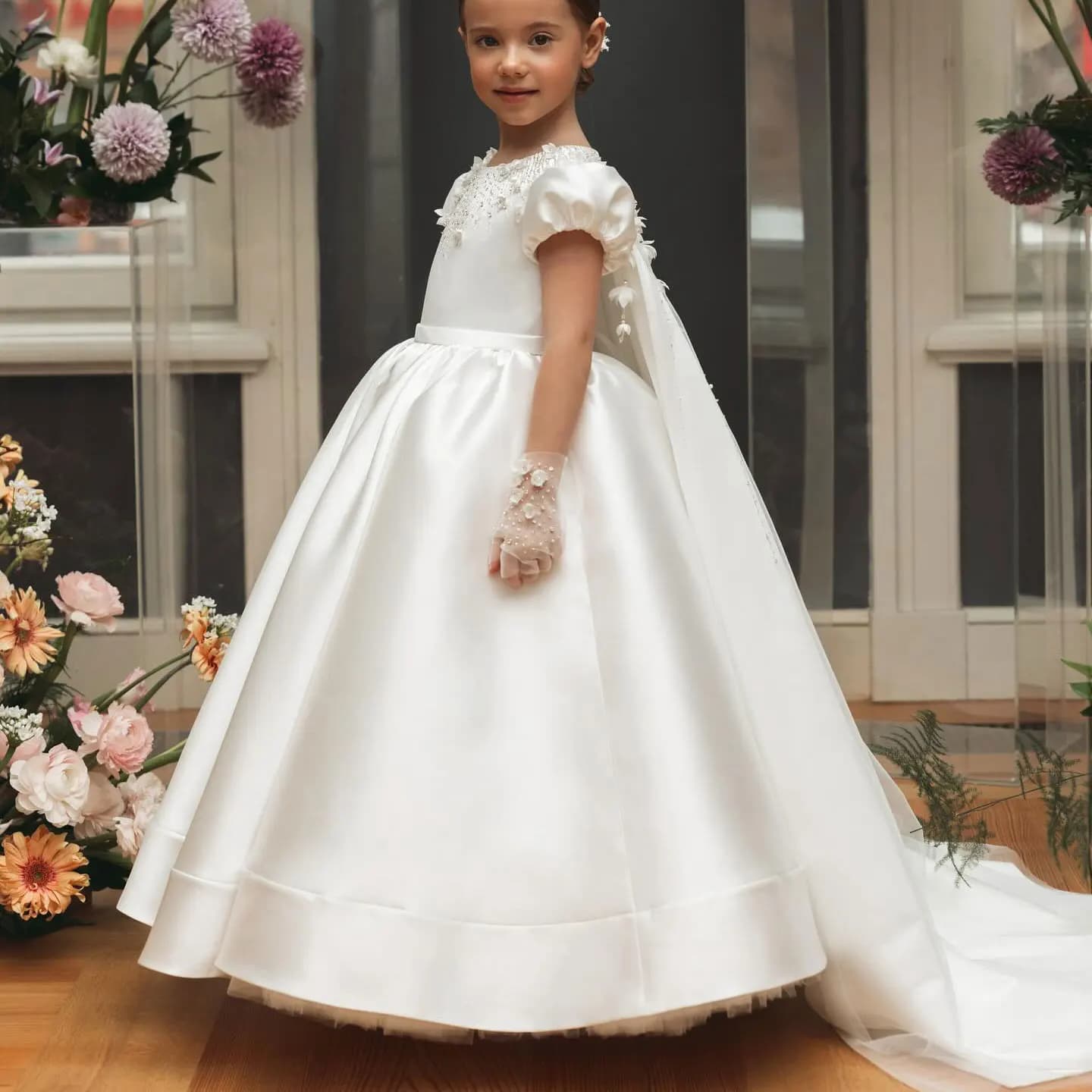 Jill Wish J153 Luxury White Dubai Girl Dress Beaded Pearls Satin Arabic Princess Kids Wedding Birthday Party Long Ball Gown 2025
