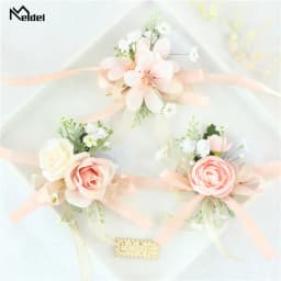 Pink Floral Wrist Corsage Bracelets Ribbon Rose Bridesmaid Groom Hand Flowers Wedding Boutonnieres Marriage Prom Accessories