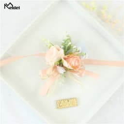 Pink Floral Wrist Corsage Bracelets Ribbon Rose Bridesmaid Groom Hand Flowers Wedding Boutonnieres Marriage Prom Accessories