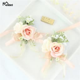 Pink Floral Wrist Corsage Bracelets Ribbon Rose Bridesmaid Groom Hand Flowers Wedding Boutonnieres Marriage Prom Accessories