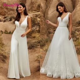 2 In 1 Wedding Jumpsuit With Detachable Skirt Two Pieces Bridal Dresses Pants Suit For Women Lace Tulle V-Neck Sweep Train Gowns