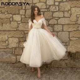 RODDRSYA Bling Glittter Boho Wedding Dresses For Women Off Shoulder Sweetheaart Net Tulle Beach Tea Length Bridal Gowns Lace Up