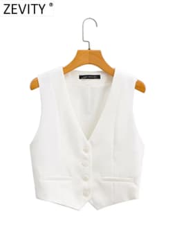 Zevity Women Fashion V Neck Single Breasted Short Vest Office Lady Sleeveless Chic White Suit Business Slim Waistcoat Tops CT556