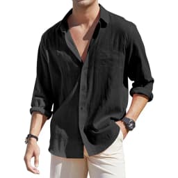 Men's Loose-Fit Long-Sleeve Cotton Linen Shirts for Men Business Casual Button Down Shirt Lightweight Breathable Vacation