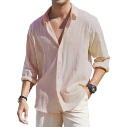 Men's Loose-Fit Long-Sleeve Cotton Linen Shirts for Men Business Casual Button Down Shirt Lightweight Breathable Vacation