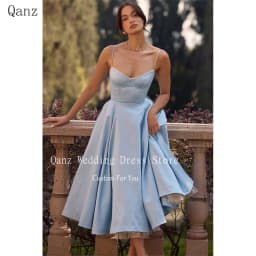 Qanz Fairy Blue Evening Dresses Spaghetti Straps A Line Tea Length Party Prom Gown Satin Backless Dresses 2024 Women Customized