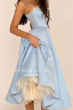 Qanz Fairy Blue Evening Dresses Spaghetti Straps A Line Tea Length Party Prom Gown Satin Backless Dresses 2024 Women Customized