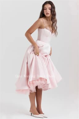 Qanz Fairy Blue Evening Dresses Spaghetti Straps A Line Tea Length Party Prom Gown Satin Backless Dresses 2024 Women Customized