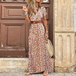 Elegant Floral Pleated H Shaped Midi Dress Female V Neck Puff Sleeve Waist Ruched Button Dresses Women Summer Dress Robe
