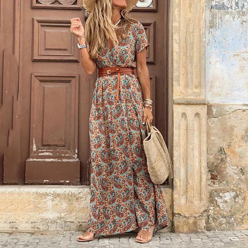 Elegant Floral Pleated H Shaped Midi Dress Female V Neck Puff Sleeve Waist Ruched Button Dresses Women Summer Dress Robe