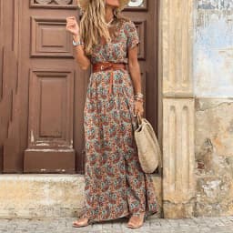 Elegant Floral Pleated H Shaped Midi Dress Female V Neck Puff Sleeve Waist Ruched Button Dresses Women Summer Dress Robe