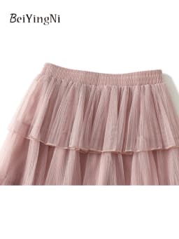 Beiyingni Woman Mesh Long Midi Cake Skirt Solid Color Elegant French Tiered Fairy Tulle Skirts Khaki Casual High Waist Faldas
