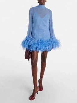 Latest Sky Blue Cocktail Party Dresses Mini Length Feather Dress Homecoming Dresses Long Sleeves Wedding Guest Gowns High Neck