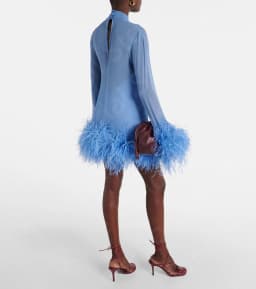 Latest Sky Blue Cocktail Party Dresses Mini Length Feather Dress Homecoming Dresses Long Sleeves Wedding Guest Gowns High Neck