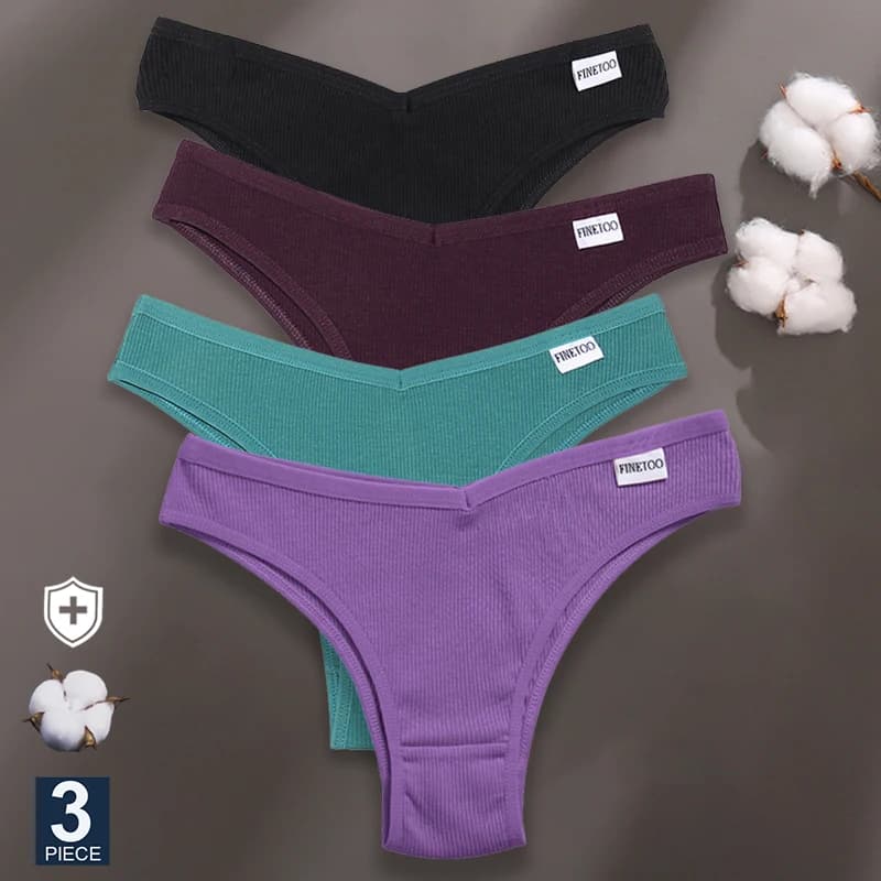 FINETOO 3PCS/Set Panties Women Cotton Lingerie Female Thongs Sexy Underwear Low-Rise Underpant Bikini Brazilian Briefs