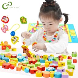 26pcs Wooden Toys Baby DIY Toy Cartoon Fruit Animal Stringing Threading Wooden beads Toy Monterssori Educational for Kids GYH