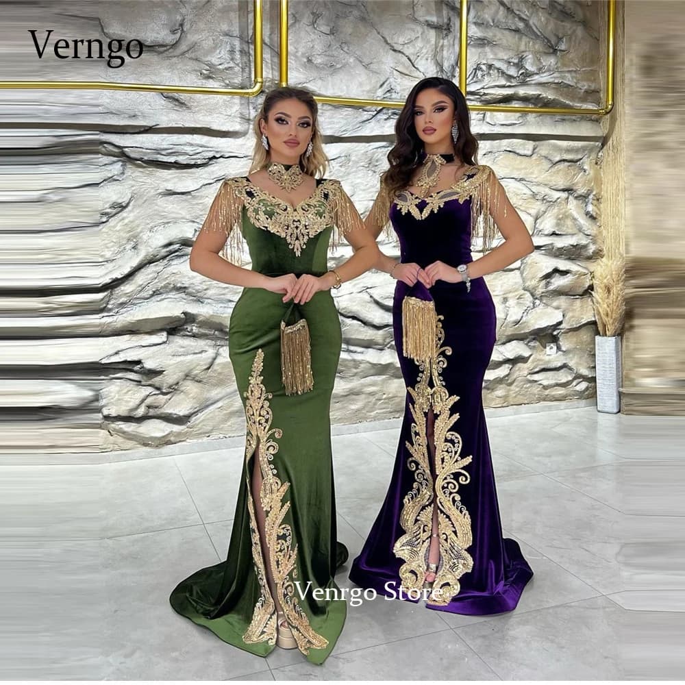 Verngo New Moroccan Kaftan Velvet Evening Dress Detachable Train Purple Applique Long Prom Gowns Karakou Formal Gown customized