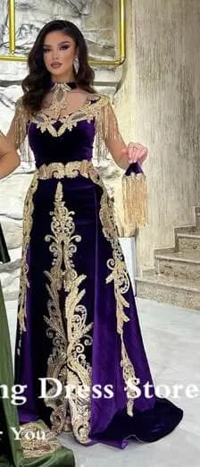 Verngo New Moroccan Kaftan Velvet Evening Dress Detachable Train Purple Applique Long Prom Gowns Karakou Formal Gown customized